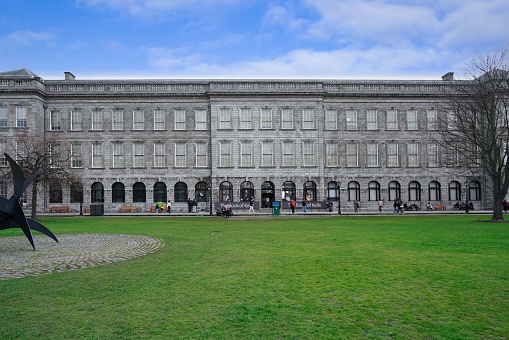 Dublin, Ireland - March 2023: Trinity College Dublin, the Long Library building that contains the Book of Kells