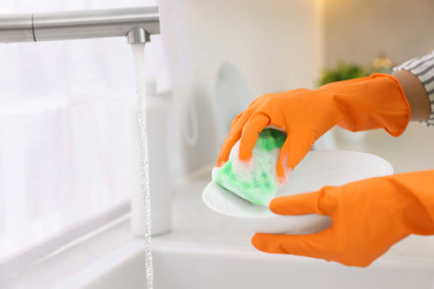 istock Woman washing plate above sink in modern kitchen, closeup. Space for text 1482287778