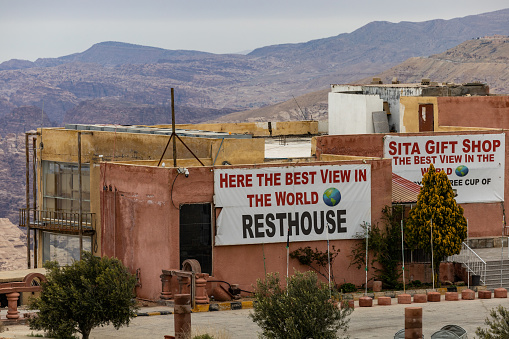 Petra, Jordan March 22, 2023 The Sita gift shop says it has the best view in the world on the Jabal Ihsi Qahwash peak.