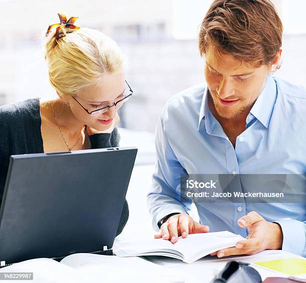 Business Colleagues Planning For A Project Stock Photo - Download Image Now - Book, Business, Laptop