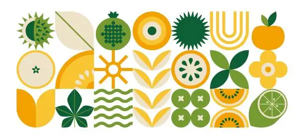 Vector illustration of Abstract geometric food pattern. Minimal natural fruit plant simple shape, eco agriculture concept. Vector floral banner