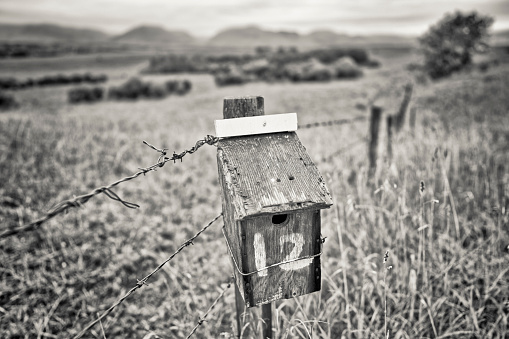 Bird house on a rural farm fence in Alberta, Canada