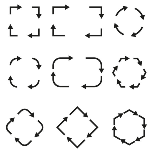 Arrows icons set in a circle. Collection of black cursors. Pointer down, up, left to right. Simple signs, different shapes. Vector illustration. EPS 10.