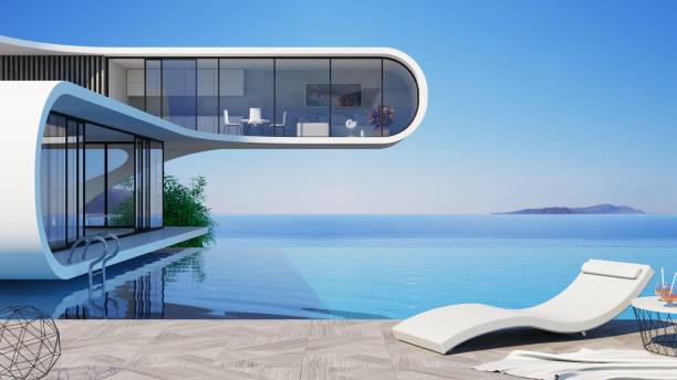 istock Futuristic modern villa pool on the sea 1482301257
