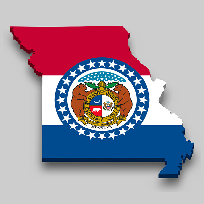 3d isometric Map of Missouri is a state of United States with national flag