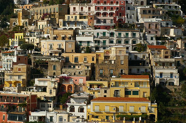 Houses and hotels, stacked up the steep cliffs of Positano on the Amalfi Coast