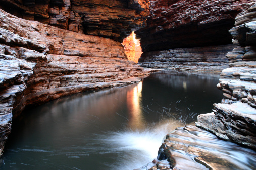 Famous Australian natural destination. Standing water surrounded with rock formations. Karijini National Park. Australia