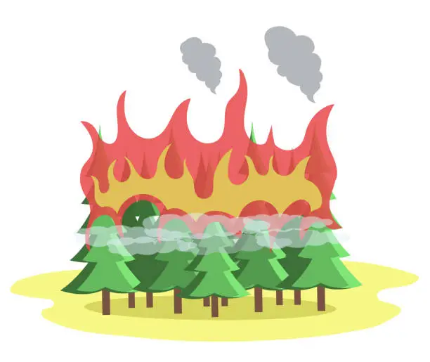 Vector illustration of Forest fire change climate concept with burning coniferous. Ecological problem, fire destroys plants