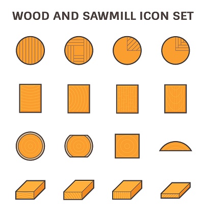 Wood product vector icon i.e. plank, board, lumber and girder. Include log, timber and square sawing, cutting process in mill, sawmill industy. Material from nature for woodworking, house construction