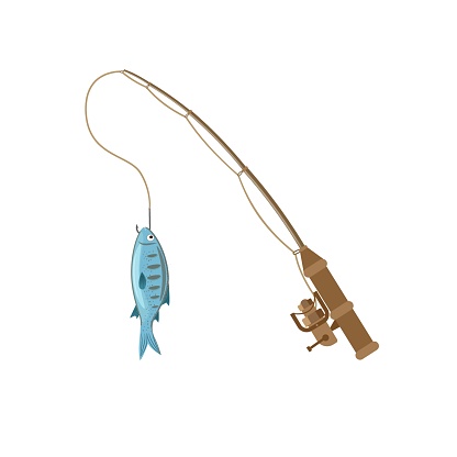 Fishing rod and fish icon in cartoon style isolated on white background. Fishing symbol stock bitmap, rastr illustration.