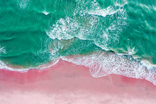 istock The wave water background of summer beach at the seashore and beach -Summer pattern image. Tropical pink beach with green sea.  - aerial view 1482304796