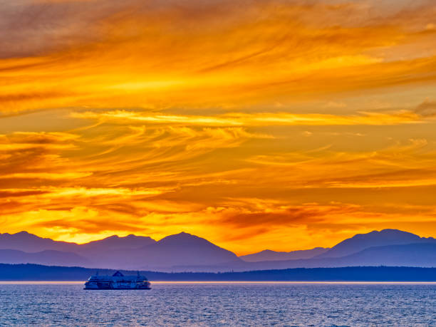 Ferry to Vancouver Island seen at sunset in the province of British Columbia Canada
