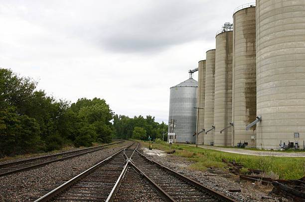 Grain Silos at Rail Siding stock photo