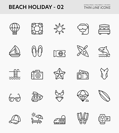 Beach Holiday Editable Stroke Thin Line Icons