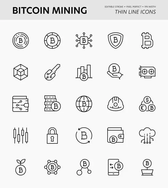 Vector illustration of Bitcoin Mining Editable Stroke Icons