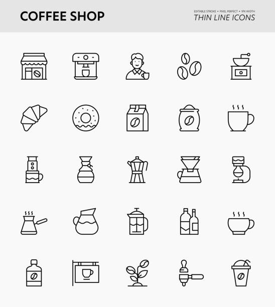 Coffee Shop Editable Stroke Icons Coffee Shop Editable Stroke Thin Line Icons turkish coffee pot cezve stock illustrations