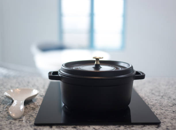 Covered Black Dutch Oven, Black Induction Cooktop Close-up