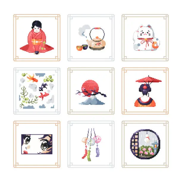 Vector illustration of Big set of kawaii japanese pixel art stickers. geisha, matcha green tea, lucky maneki neko, koi fish, mountain and sakura, kimono girl, anime, festival decorations. Vector 8 bit style print pattern.