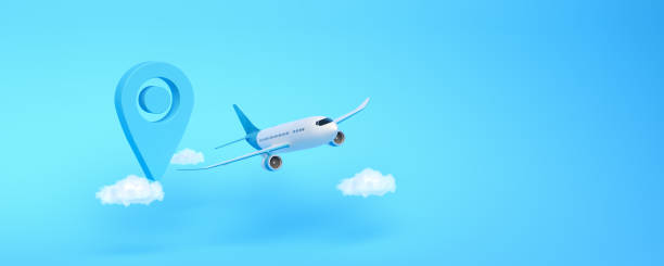 istock Airplane flying away from location pin. 3d render airplane on blue background with clouds. The 3d concept of travel advertising, vacation, air transportation. 3d illustration. 1482319063