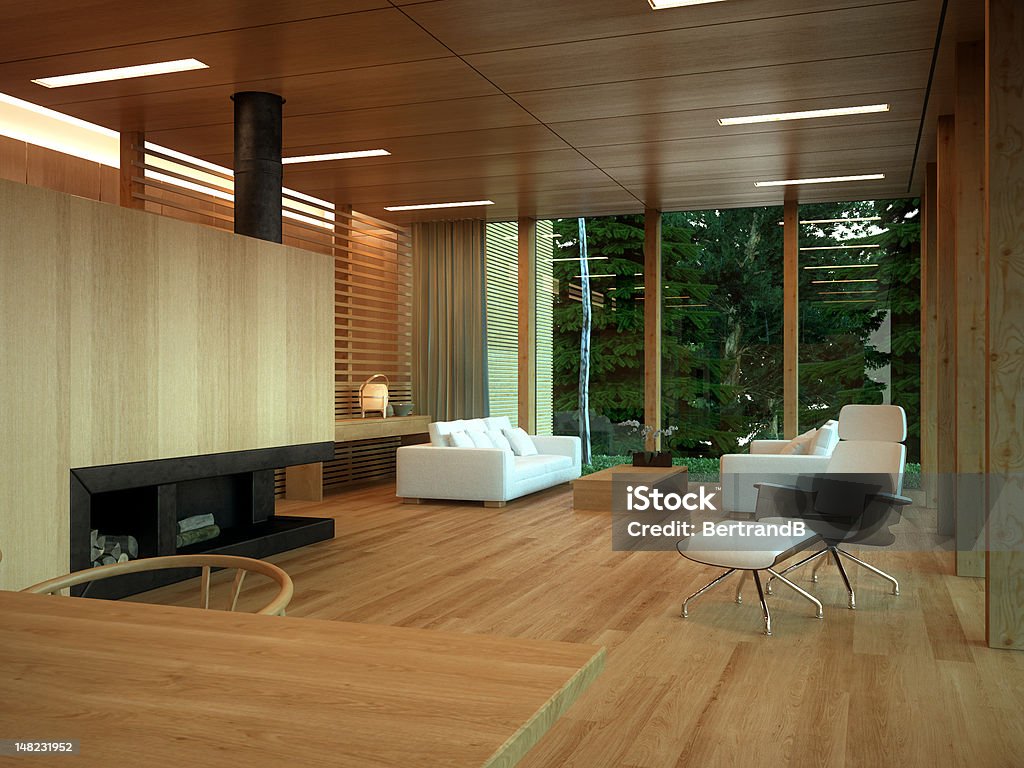 Modern wood living room interior Minimalist wood-panelled lounge in private home Parquet Floor Stock Photo