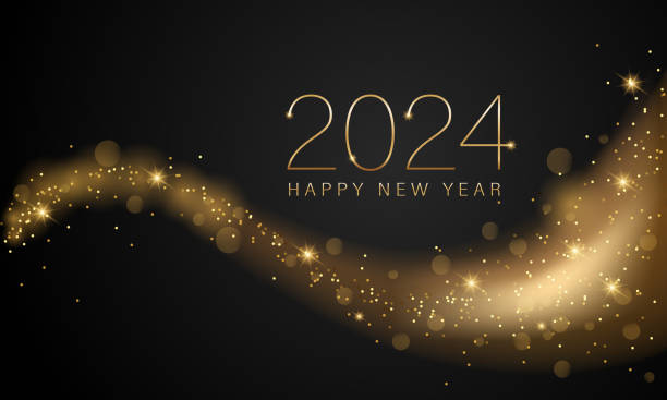 2024 neues jahr mit abstrakt glänzender farbe goldwelle designelement und glitzereffekt auf dunklem hintergrund. für kalender, poster-design - silvester stock-grafiken, -clipart, -cartoons und -symbole