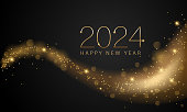 istock 2024 New year with Abstract shiny color gold wave design element and glitter effect on dark background. For Calendar, poster design 1482321482