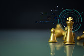 Golden King chess standing in front of other chess with lock graphic icon.
