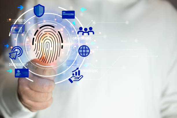 istock Futuristic digital processing of biometric identification fingerprint scan for access to personal financial data. 1482323387