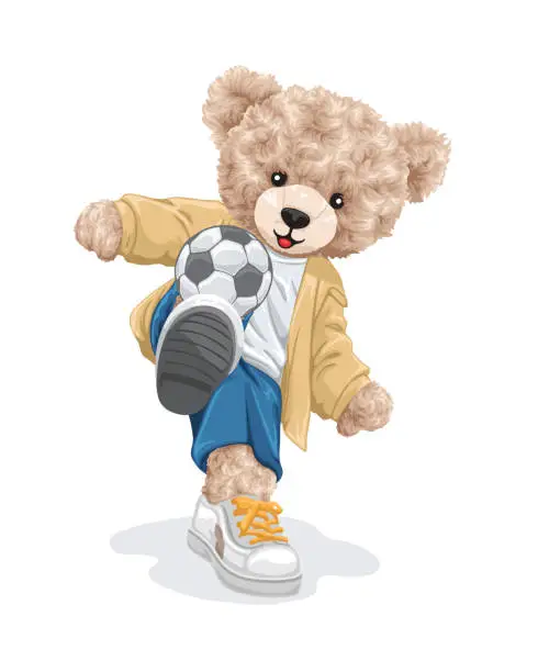 Vector illustration of Vector cartoon illustration, teddy bear playing soccer ball