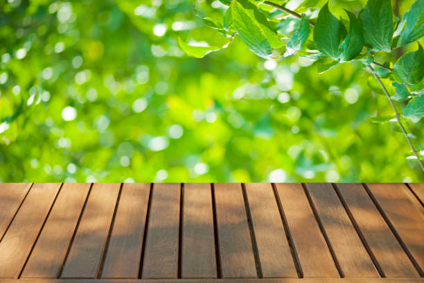 istock wooden table with forest bokeh background 1482325651