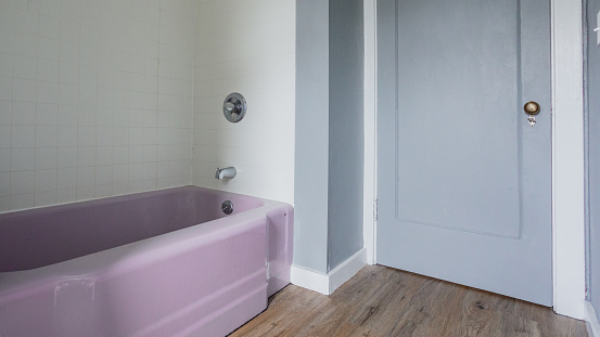 A vintage purple bathtub and shower in a residential home.