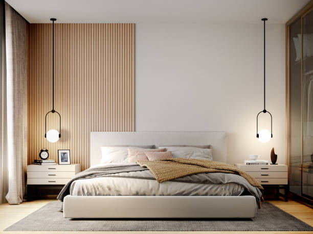 макет стены спальни - 3d-рендеринг, 3d-иллюстрация - hotel room hotel bedroom contemporary стоковые фото и изображения