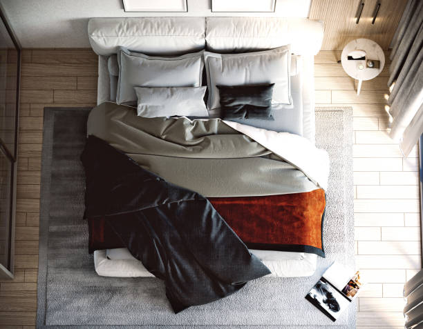 istock Bright and modern bedroom interior design with white walls, 1482326468