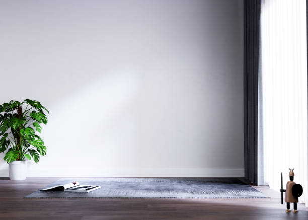 istock Modern empty room interior, white background wall with gray curtain ,carpet and indoor plant on wooden floor 3d illustration 1482326521