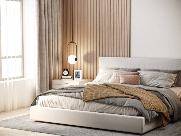 istock Classic bedroom, Scandinavian modern style, minimalistic interior design, background, 3d illustration 1482326630