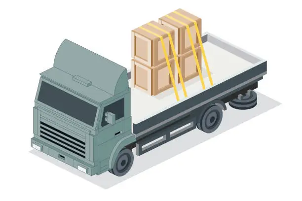 Vector illustration of Isometric Flatbed Cargo Truck with Boxes. Commercial Transport. Logistics. City Object for Infographics. Car for Carriage of Goods. Front View.