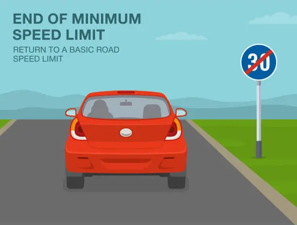 Vector illustration of Safe car driving tips and traffic regulation rules. End of minimum speed limit sign meaning. Return to a basic road speed. Back view of a red car on country road.