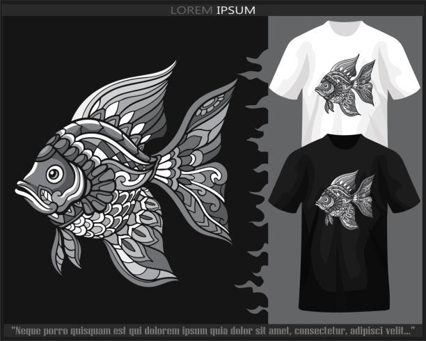 istock Monochrome color fish mandala arts isolated on black and white t shirt. 1482331377