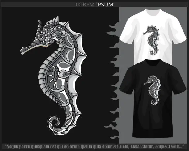 Vector illustration of Monochrome color seahorse mandala arts isolated on black and white t shirt.