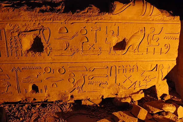 Close view of a stone engraved hieroglyphs at the temple of Kom-Ombo, Egypt, ingeniously  illuminated at one side making lots of shadows