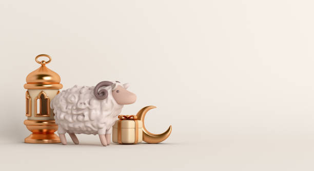 istock Eid al adha islamic decoration background with goat sheep, arabic lantern, crescent moon, gift box, ramadan kareem, mawlid, iftar, eid al fitr, muharram, copy space text area, 3D illustration. 1482331691