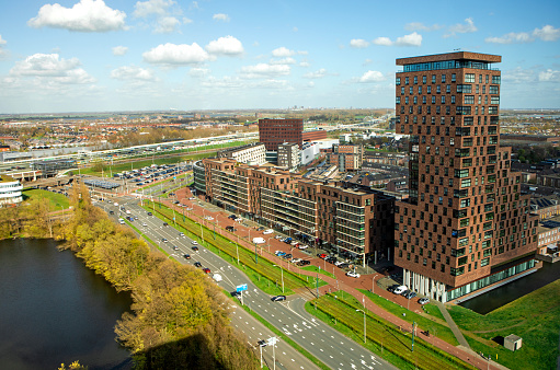 Dutch elevated view of Den Haag and forest and water