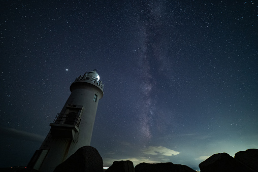 A beautiful night sky behind a shining lighthouse