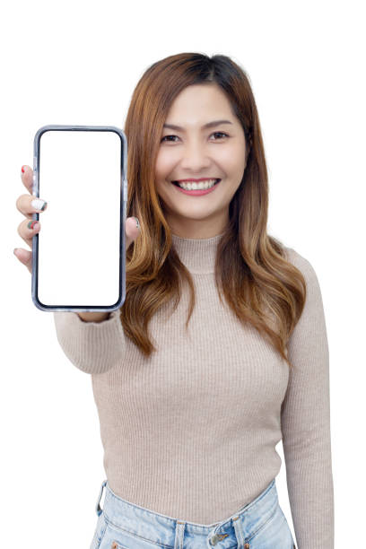 istock Woman Show Mobile Phone Screen with Blank Copy Space 1482337118
