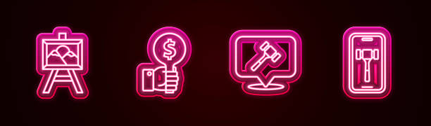 istock Set line Auction painting, Hand holding auction paddle, hammer and Online. Glowing neon icon. Vector 1482339599