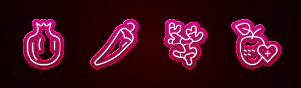 istock Set line Pomegranate, Hot chili pepper, Ginger root and Healthy fruit. Glowing neon icon. Vector 1482339772