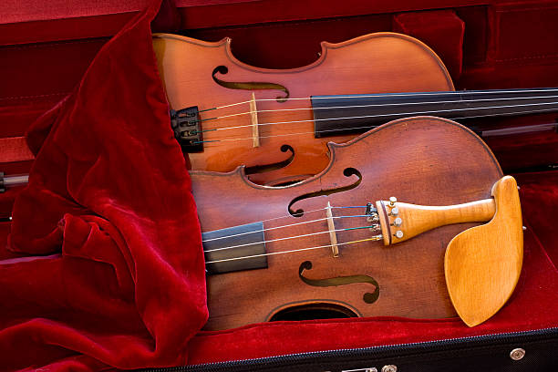 2 violins en caso de cubierta con Bayeta roja - foto de stock