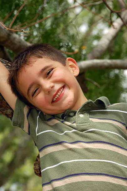 Young boy smiles as he plays in a tree
