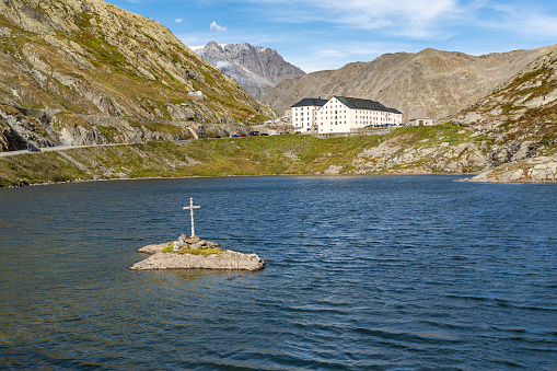 Scenic alpine landscape during summer at Col du Grand St-Bernard, on the border between Italy and Switzerland