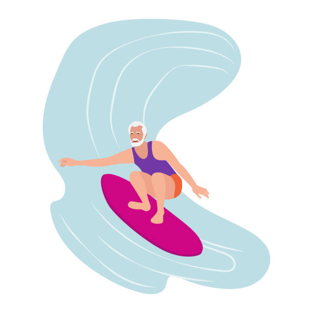 illustrazioni stock, clip art, cartoni animati e icone di tendenza di senior personaggio attivo stile di vita uomo invecchiato surf - senior adult surfing aging process sport